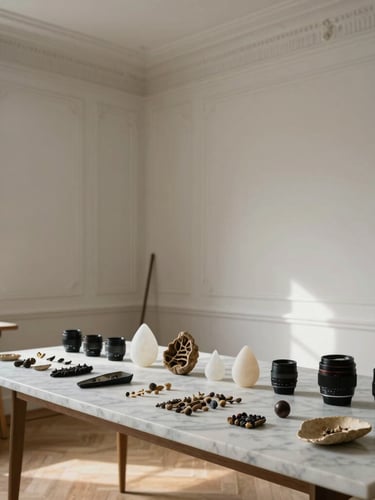 Quiet, empty creative studio space with classical plaster moldings, a marble table holding physical type specimens, soft diffused daylight.