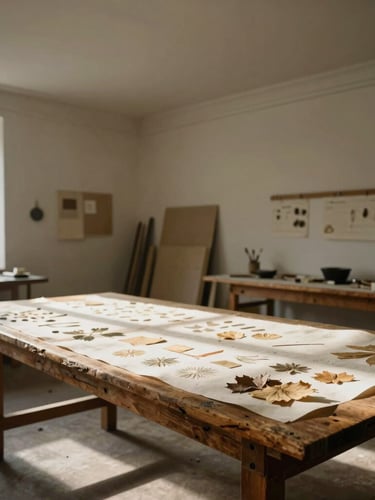A quiet, sun-drenched European-style atelier with high plaster ceilings, soft north-facing daylight casting long shadows on a rustic wooden table covered in heavy cotton paper specimens.