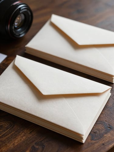 Close-up of printed brand collateral, tactile linen-textured envelopes stacked neatly on a dark oak table, soft side-lighting.
