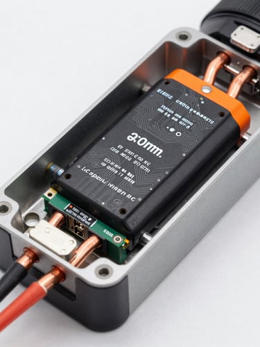 Macro studio shot of internal battery architecture, copper cooling pipes, customized BMS board with clear circuitry, safety-orange highlights, technical detail, 50mm lens