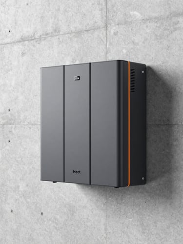Sleek modern home battery stack mounted on a minimalist concrete wall in a high-end garage, clean technical lines, sharp studio lighting with subtle orange accents, 50mm lens