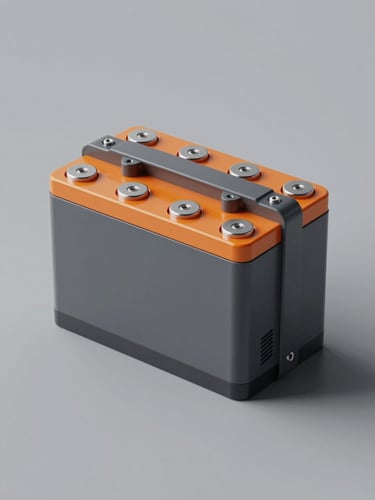 Clean industrial design render of a sleek modular battery pack, sharp studio product lighting, cool gray and orange accents, high technical detail, 50mm lens