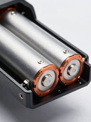Close-up of internal battery architecture under sharp industrial studio lighting, metallic cells aligned with technical precision, 50mm lens