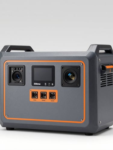 Straight-on studio product shot of a high-capacity slate-gray portable power station, clean orange accents, showing technical ports, high-contrast industrial lighting, 50mm lens