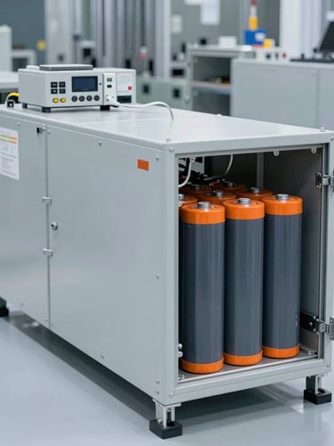 Wide environmental shot of a modern automated production line assembling large lithium battery cabinets, cool gray tones with sharp orange highlights, high technical detail.