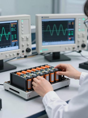 An engineer in a high-tech testing lab adjusting a modular battery pack on a test bench, oscilloscope screens displaying wave patterns in the background, cool-toned lighting