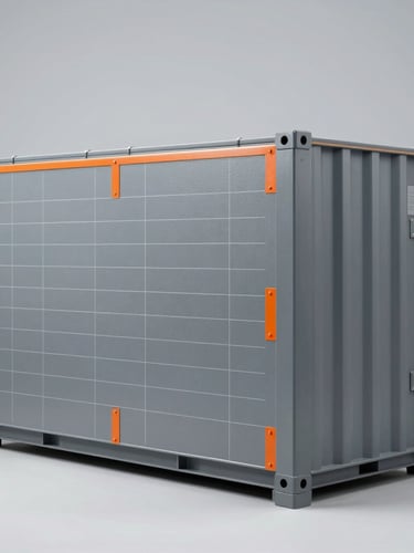 Straight-on studio photography of a massive matte-gray containerized utility battery unit with safety-orange structural accents, crisp technical grid lines, 50mm lens, cool laboratory lighting.