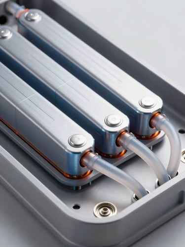 Close-up of internal battery architecture showing liquid cooling tubes circulating around high-density lithium cells, cool blue and orange highlights, sharp studio lighting.