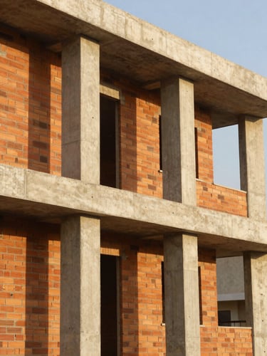 Portrait architectural shot of a modern residential facade under construction in Lagos. Warm golden hour tropical sunlight highlights raw concrete pillars and terracotta brickwork. Sharp framing, 35mm.