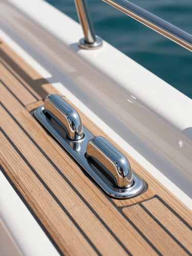 Extreme close-up of pristine teak decking and polished chrome cleats on a luxury boat, bright midday sun, high-contrast reflections.