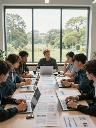 Wide environmental shot of a small founding team gathered around a large table covered in printed reports and laptops, natural daylight from tall windows, one person pointing at a data printout, medium-wide framing showing the room and context