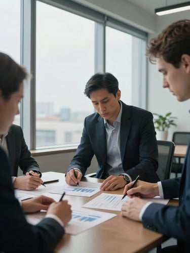 Wide medium shot of a founder and two colleagues at a conference table reviewing printed revenue charts under cool daylight from tall windows, hands visible on documents, no one looking at the camera