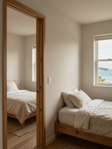 A corner of a two-bedroom suite: two distinct sleeping areas visible through an open doorway, natural wood partition, soft linen on both beds, pale walls, one window with coastal bay view, close detail of materials and light, no people, warm diffused light across the space.