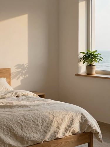 Close-up detail of a minimalist suite corner: soft natural linen bedding on a bed frame of light oak, pale plaster wall, one clear window frame showing muted coastal light, a potted green plant on a simple wooden shelf, no people, warm diffused golden-hour light across the materials.