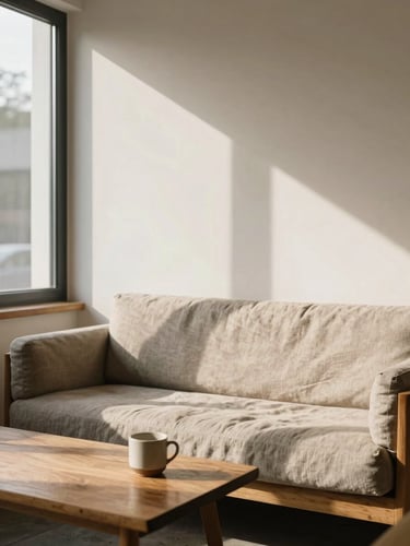 Tall portrait shot inside a serene coliving lounge, warm natural window light falling across a linen sofa and a low wooden coffee table, a single ceramic mug resting on the surface, soft shadows on warm white plaster walls, no people, calm and unhurried