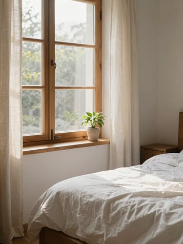 Close detail of a bright suite interior: morning light through a large window, natural wood window frame, soft linen curtains, edge of a bed with quality bedding in warm whites, a small wooden table, single potted plant on the sill, minimal and calm, emphasis on natural textures and light