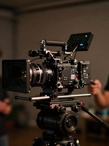 Behind-the-scenes shot of a high-end camera rig on a fast-paced production set, dramatic low-key lighting, rich moody tones, 35mm grain