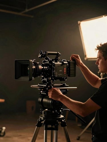 Behind-the-scenes of a high-end commercial shoot, camera operator adjusting a large rig, low-key dramatic lighting with warm practicals, cinematic atmosphere