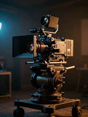 Dramatic close-up of a high-end cinema camera rig on a dolly, low-key lighting, warm practical glow contrasting with cool blue key light, shallow depth of field, anamorphic lens flare