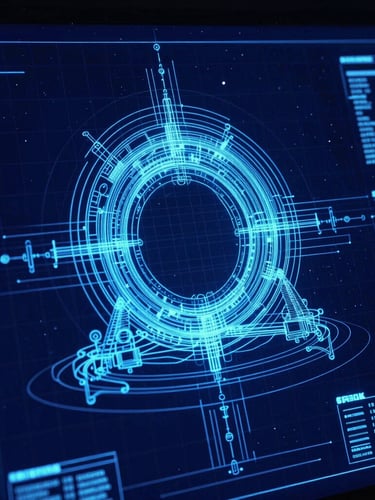Stark technical schematic blueprint of an inter-dimensional gateway, cold cyan vector lines on deep space-blue background, high-contrast terminal display style, sharp technical details