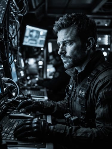 Monochrome portrait of a high-clearance operative in a sterile command environment, cold blue terminal light reflecting on face, sharp technical details, 35mm