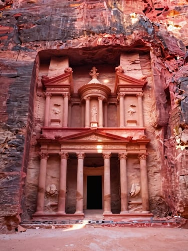 The ancient treasury of Petra carved in pink stone, dramatic sun beams cutting through the canyon, editorial travel style.