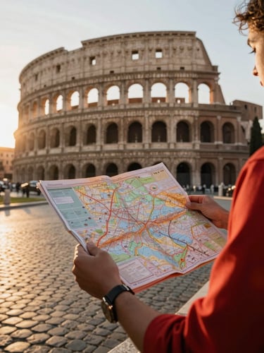 Elegant close-up of a traveler holding an open map on a cobblestone street in Rome, warm golden hour light, 35mm photography