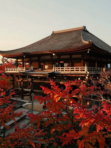 Wide-angle landscape of a serene Kyoto temple surrounded by autumn foliage, soft golden daylight, cinematic composition