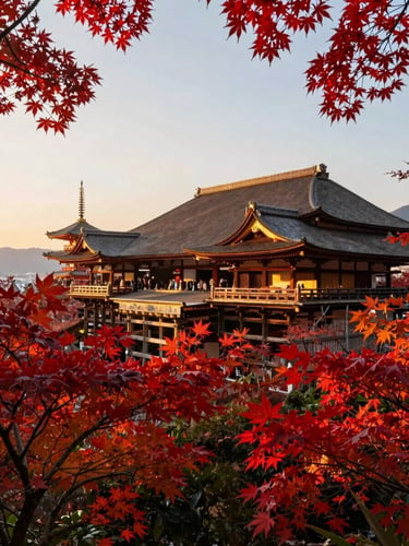 Golden hour over the historic temples of Kyoto, Japan, surrounded by vibrant red maple leaves, cinematic composition.