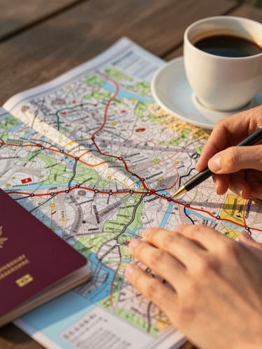 Close-up of hands planning a route on a physical map next to a passport and a cup of coffee, warm golden-hour light