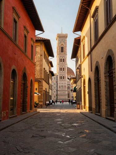 Sunlight hitting the historic stone streets of Florence, Italy, warm golden hour, elegant editorial travel photography.