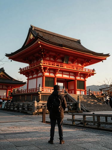 Wide-angle editorial travel photo of a traveler viewing a majestic ancient temple in Kyoto during golden hour, warm natural light, high-contrast sun and shadow, elegant 35mm composition
