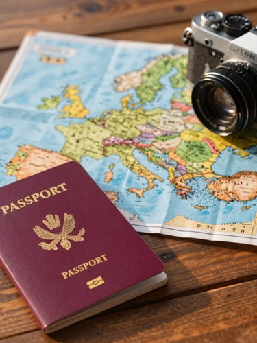 Close-up editorial photo of travel essentials on a wooden table: a passport, a vintage camera, and a hand-drawn map of Europe, warm golden hour lighting