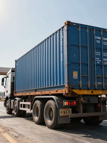 A low-angle dramatic daytime shot of a heavy-duty transport flatbed truck loaded with a large blue shipping container, departing the Damietta Port security gate. Bright Mediterranean sunlight, high contrast, industrial power.