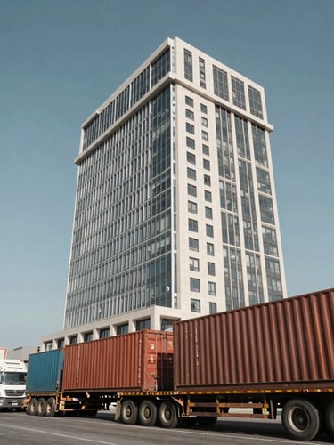 Low-angle wide cinematic shot of the modern Investment Building at Damietta Port under bright Mediterranean daylight, heavy cargo containers and flatbed trucks visible in the foreground