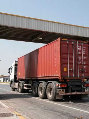 A heavy-duty flatbed truck loaded with a red shipping container, captured from a low angle as it drives through the main gate of Damietta Port in bright daylight.