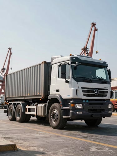 Low-angle shot of a heavy-duty container truck parked inside Damietta Port during bright daylight, industrial cranes in the background, sharp details of the truck chassis.