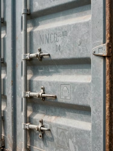 Close-up of a heavy steel container lock and customs seal on a shipping container at Damietta Port, bright daylight, industrial details
