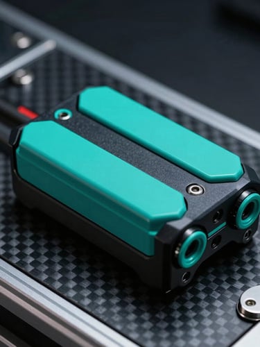 Close-up of a high-performance drone battery pack on a carbon-fiber testing rig, cool high-contrast industrial lighting, sharp teal highlights