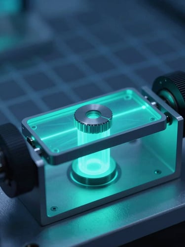 Macro photograph of an experimental electrochemical cell in a cleanroom, cool blue and electric teal laser highlights, sharp technical grid in background