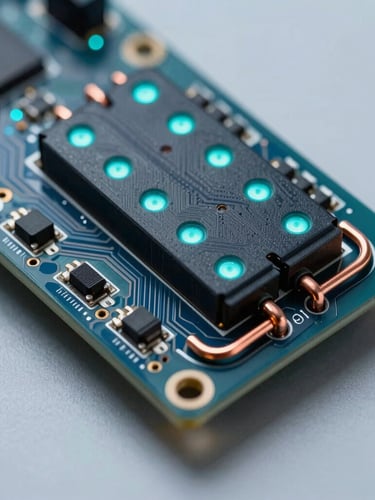 Macro shot of a custom battery management system circuit board, high-discharge copper busbars, cool teal indicator LEDs, crisp industrial studio lighting.