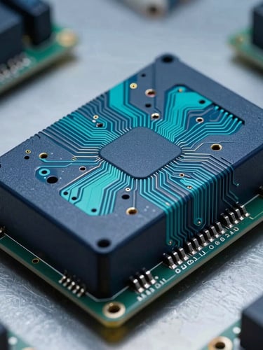 Macro shot of custom BMS circuit board with electric teal copper traces, high-contrast industrial lighting, cleanroom background