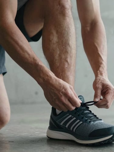 A close-up of a male athlete in modest dark activewear tying his running shoes in a modern, concrete gym, cool natural daylight