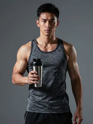 High-contrast studio portrait of a male fitness creator in modest athletic wear, cool tones, sharp lighting, holding a clean stainless steel shaker bottle, negative space on the right.