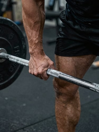 Dynamic close-up of a male athlete's hands gripping a chalked barbell in a high-contrast, cool-toned gym setting.