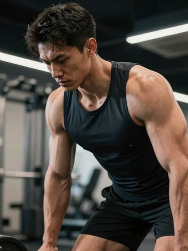 Male fitness creator in high-performance athletic wear training in a cool-toned modern gym, high-contrast studio lighting, dynamic close-up