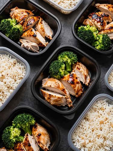 Overhead shot of structured meal-prep containers with clean, high-protein foods, macro-balanced chicken, broccoli, and rice, high-contrast studio lighting.