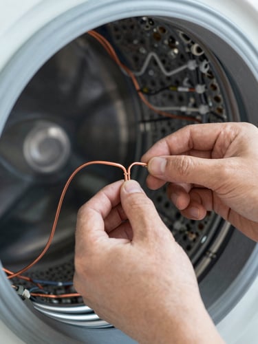 Close-up of technical hands repairing copper wiring inside a washing machine control panel, bright utility lighting, sharp focus, 50mm lens.