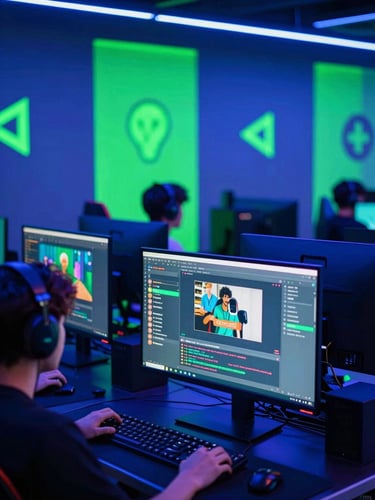 A vibrant gaming community setup with multiple screens displaying discord chat, neon green and blue ambient light, esports team atmosphere