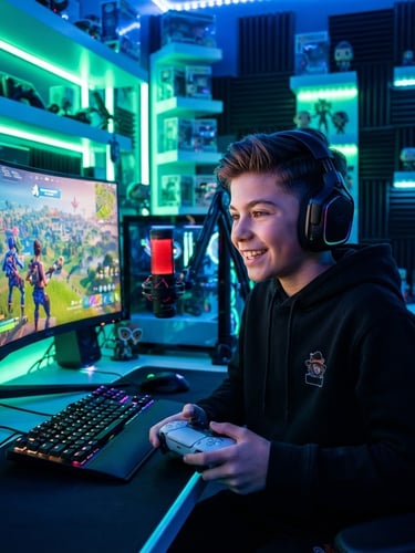 A vibrant portrait of 12-year-old YouTuber SlothyGoated, sharp gaming setup background, neon green LED ambient light, high-contrast digital photography, real face photo from https://share.google/SiePaCE9Od7Hegpu5